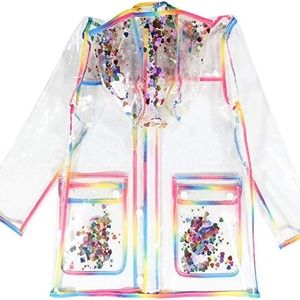 Girls Rainbow Glitter Transparent Rain Jacket with Hood